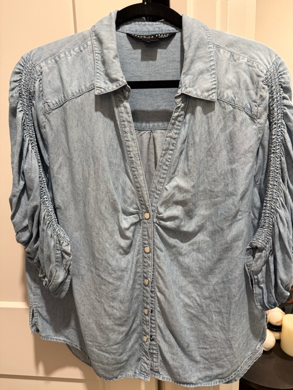 Veronica Beard Light Blue Denim Shirt with Shirred Sleeves
